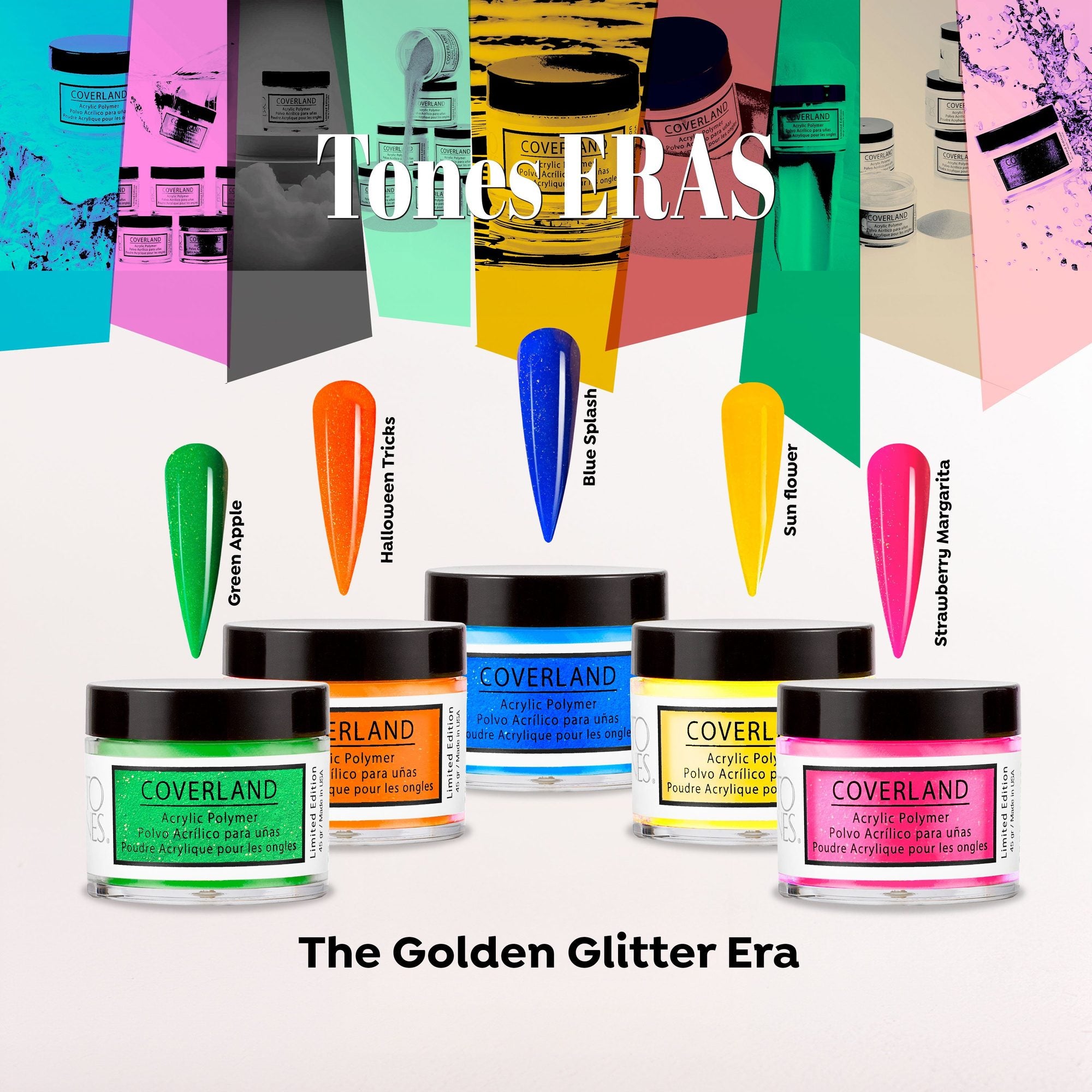 Tones Coverland Acrylic Powder Collection (5 x 1.5 oz) "The Golden Glitter Era" | USA-Made MMA-Free Professional Acrylic Powd