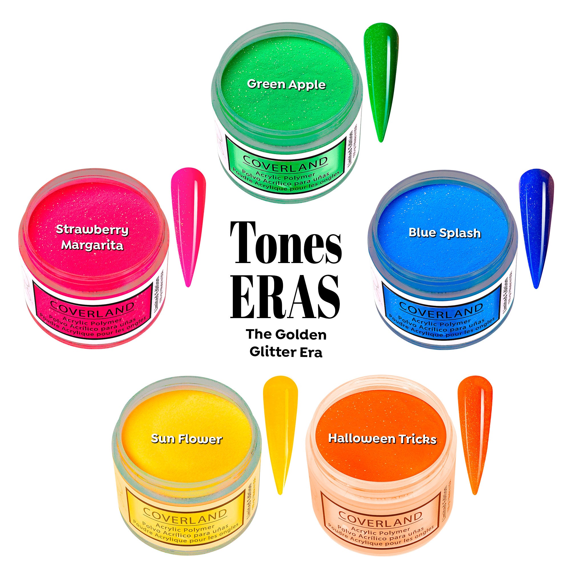 Coverland Acrylic Powder Collection (5 x 1.5 oz) "The Golden Glitter Era" — Tones Professional Nail Products
