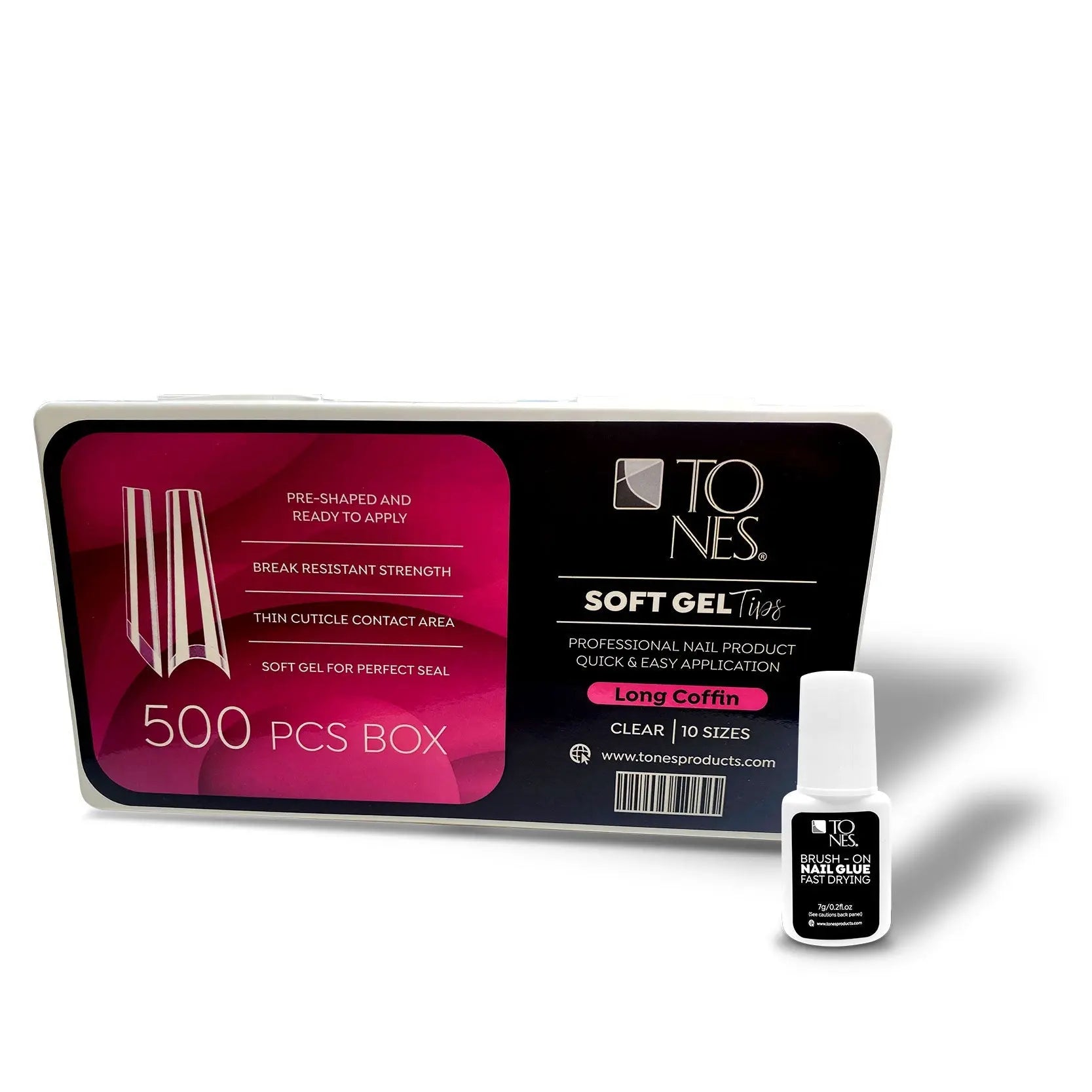 Soft Gel Tips Long Coffin - 500 Pcs + Nail Glue 7g. - Tones