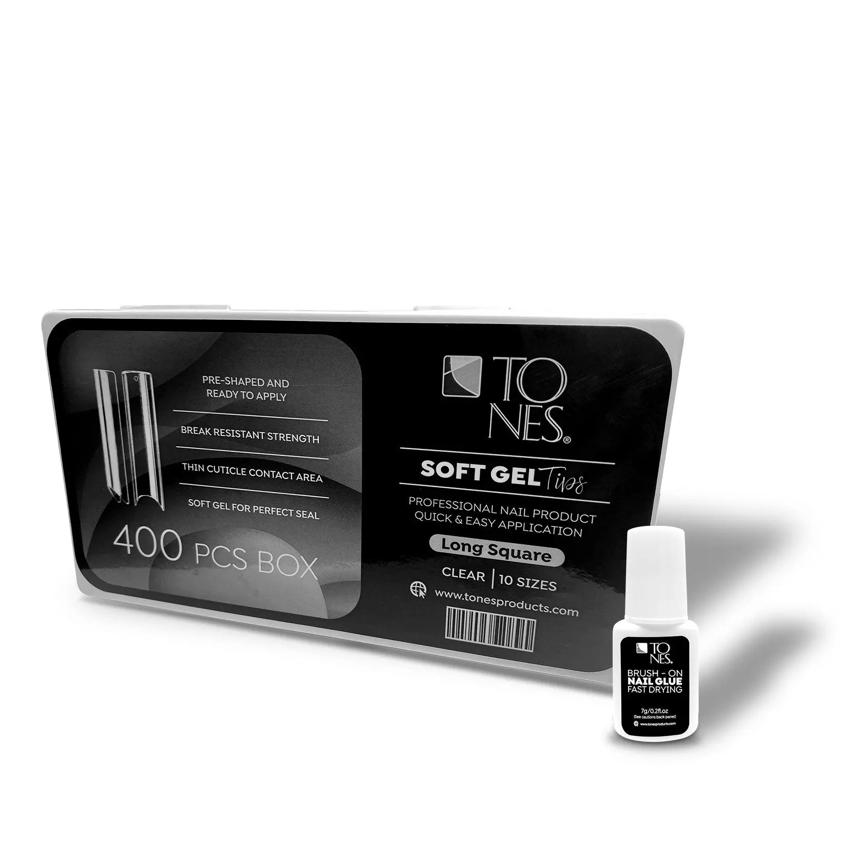 Soft Gel Tips Long Square - 400 Pcs + Nail Glue 7g. - Tones