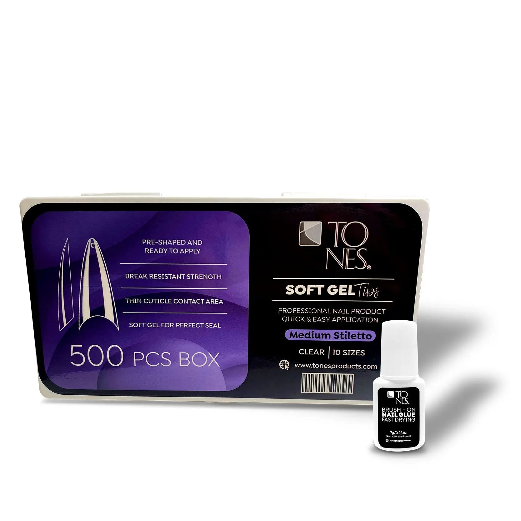 Soft Gel Tips Medium Stiletto - 500 Pcs + Nail Glue 7g - Tones