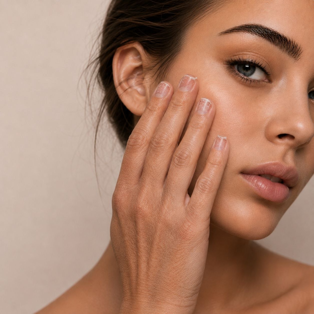 Woman showing natural nails beside her face
