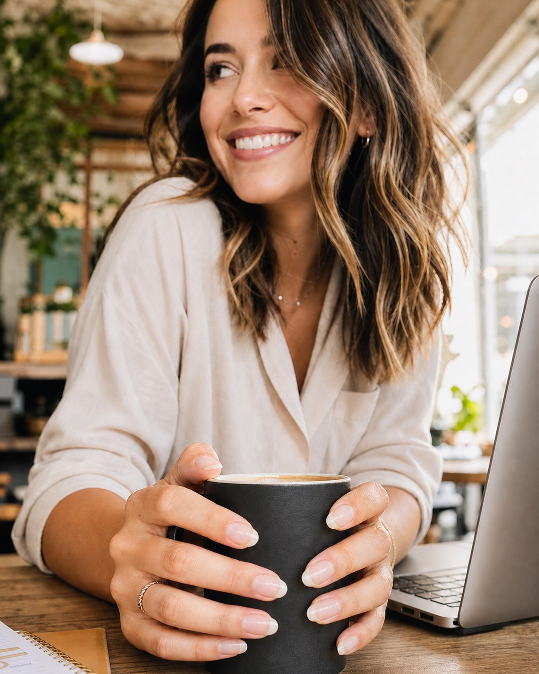 Woman showing healthy natural nails while holding a coffee cup